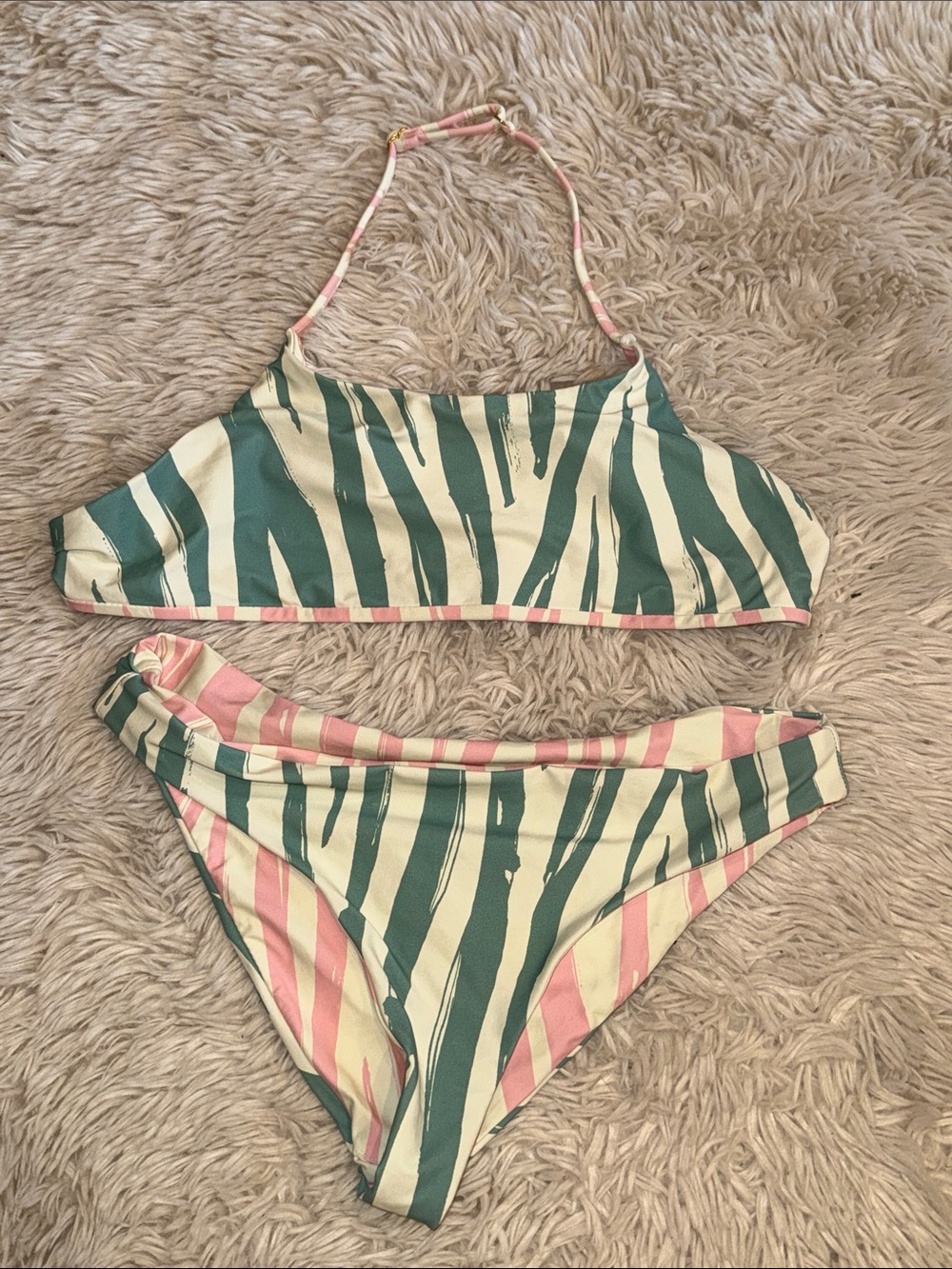 💚🩷 Beach Lingo Green and Pink Striped Zebra-Print Bikini girls size 16